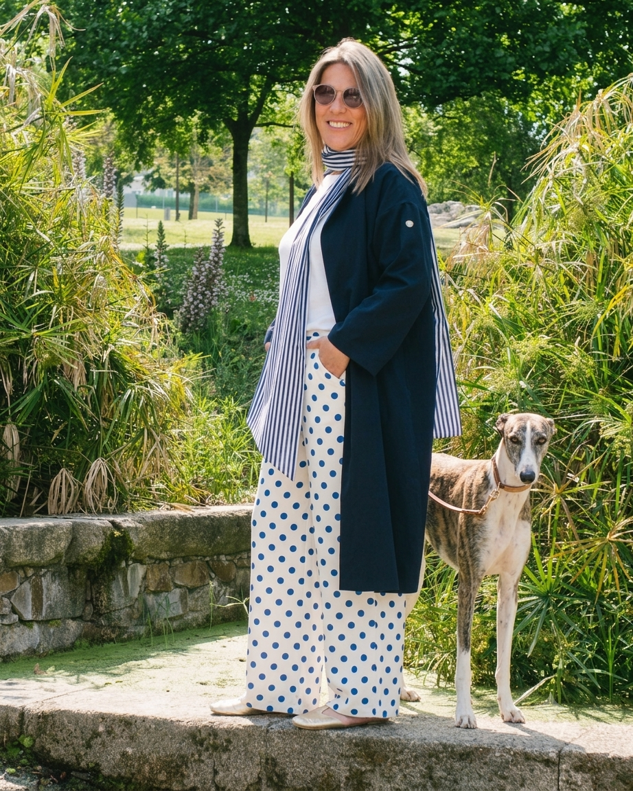 Fotografía en detalle de un look de Dos Cerezas Creativas combinando un abrigo ligero estampado de primavera-verano con prendas básicas, ilustrando una guía de estilo sobre cómo mezclar estampados con éxito