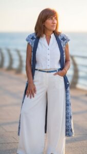 Fotografía en detalle de un look de Dos Cerezas Creativas combinando un abrigo ligero estampado de primavera-verano con prendas básicas, ilustrando una guía de estilo sobre cómo mezclar estampados con éxito