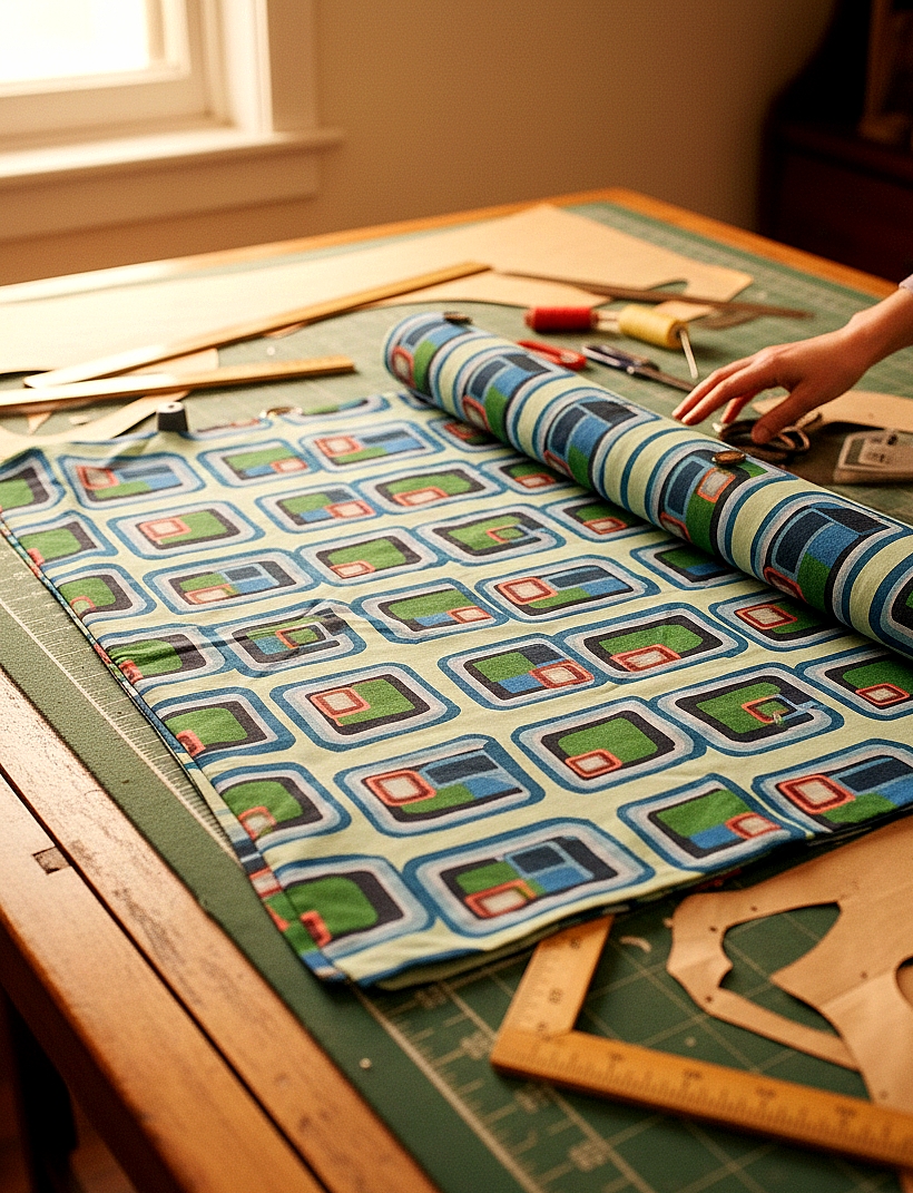 Mesa de trabajo con tejido para hacer prenda artesanal de Dos Cerezas Creativas.